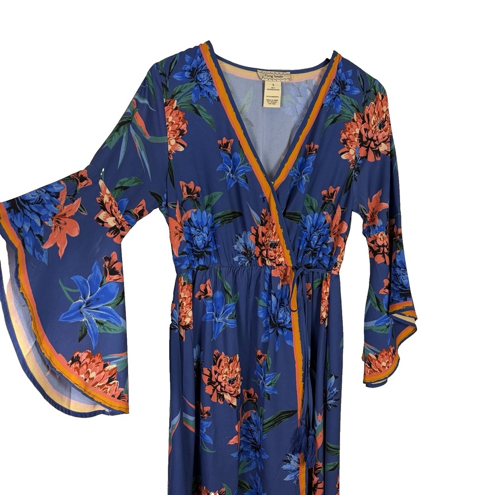 Flying‎ Tomato High Low Dress Size S Blue Floral Faux Wrap Vacation Beachy